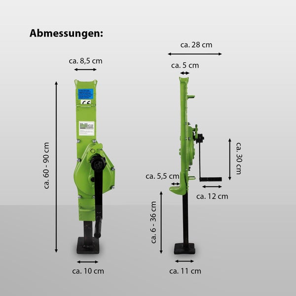 Abmessungen eines Getriebehebers mit den Maßen circa 60 bis 90 Zentimeter Höhe, circa 8,5 Zentimeter Breite, circa 10 Zentimeter Fußbreite, circa 28 Zentimeter Tiefe, circa 5 Zentimeter Kopfbreite, circa 5,5 Zentimeter Armhöhe, circa 12 Zentimeter Armlänge, circa 6 bis 36 Zentimeter Hubhöhe, circa 11 Zentimeter Fußlänge und circa 30 Zentimeter Armhöhe