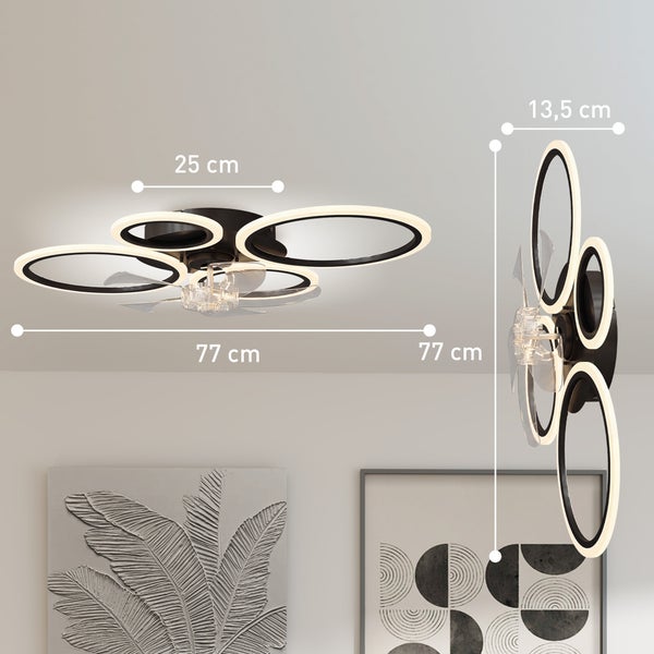 Moderner LED-Deckenventilator mit Licht, kreisförmige Elemente, transparente Flügel. Durchmesser 77 Zentimeter, Höhe 13,5 Zentimeter.