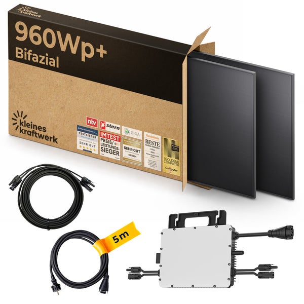 Kleines Kraftwerk Balkonkraftwerk 960 Watt-Peak Bifazial Set mit 2 Solarmodulen, Wechselrichter, 5 Meter Kabel und Verpackung mit Testsiegeln.