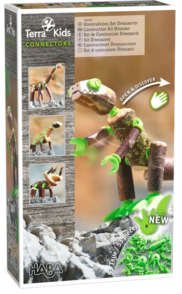 HABA 1306309001 - Terra Kids Connectors, Konstruktions-Set Dinosaurier 1 Handbohrer (Durchmesser 6 mm), 52 Connectors, 1 Anleitung.