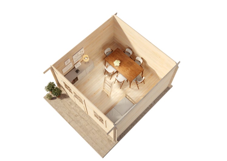 Innenansicht eines Holzhauses mit Esstisch, Stühlen, Schrank, Bett und Terrasse