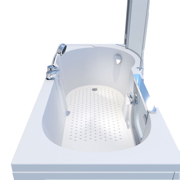 Barrierefreie Badewanne mit Einstiegstür, integriertem Duschaufsatz, Handbrause und rutschhemmendem Boden.