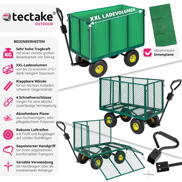 Bollerwagen tectake  Belastbarkeit 544 kg mit klappbaren Seitenwänden grün
