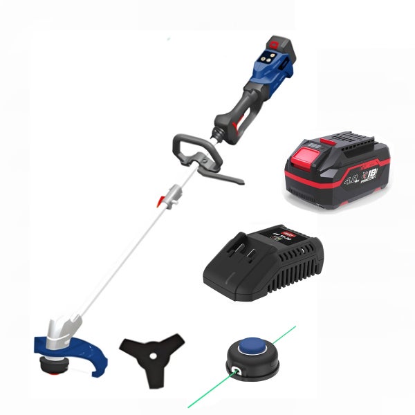 Akku-Rasentrimmer-Set inklusive 18 Volt Akku, Ladegerät, Schneidblatt und Fadenspule.