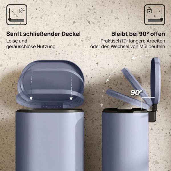 Treteimer mit Absenkautomatik für leises Schließen und Feststellfunktion des Deckels bei 90 Grad zum einfachen Wechseln der Müllbeutel.