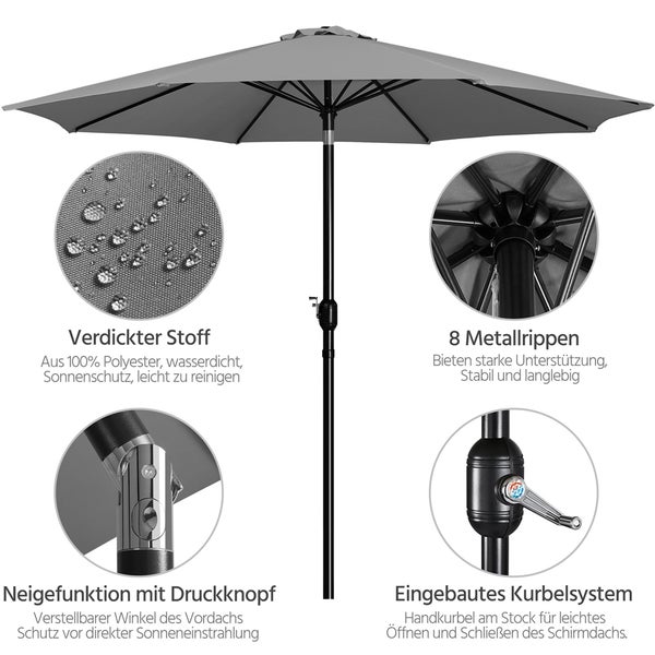 Grauer Sonnenschirm mit wasserdichtem Stoff, acht Metallrippen, Neigefunktion mit Druckknopf und eingebautem Kurbelsystem.