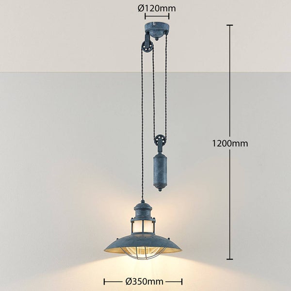 Hängelampe mit Seilzugmechanismus und den Maßen 120 mm, 350 mm und 1200 mm.
