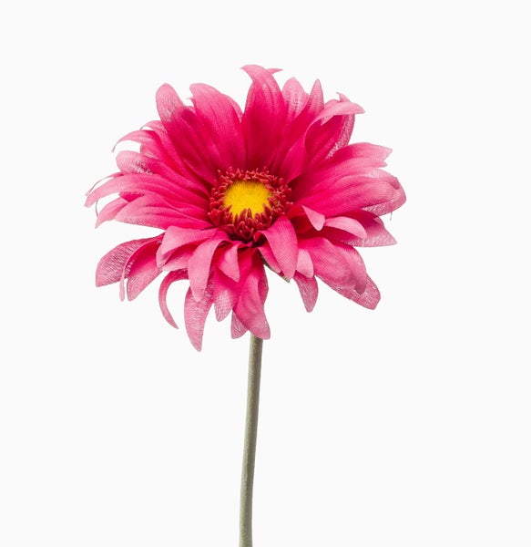 Künstliche Gerbera in Pink mit gelber Mitte und Stiel.