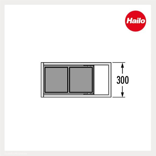 Technische Zeichnung eines Hailo Mülltrennsystems mit zwei Eimern für eine Schrankbreite von 300 Millimetern. Hailo Logo.