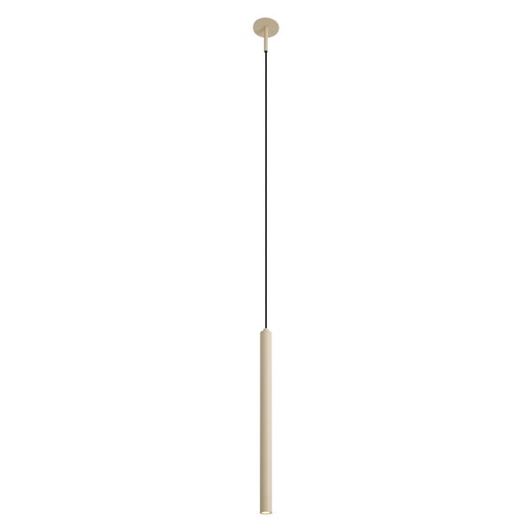 Moderne, zylindrische Pendelleuchte mit schlankem Tubus-Design und langer Kabelaufhängung.