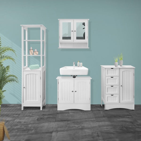ML-Design Badezimmerschrank Weiß, 55x81x30 cm, Badschrank mit 1 Tür, 4 Schubladen, viel Stauraum, freistehend, Landhausstil, Badkommode aus MDF-Holz, Badezimmer Kommode, Aufbewahrungsschrank Badmöbel