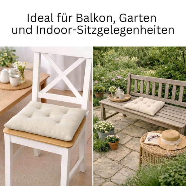 Gestepptes Sitzkissen auf einem Stuhl im Innenbereich und einer Gartenbank aus Holz. Ideal für Balkon, Garten und Wohnraum.