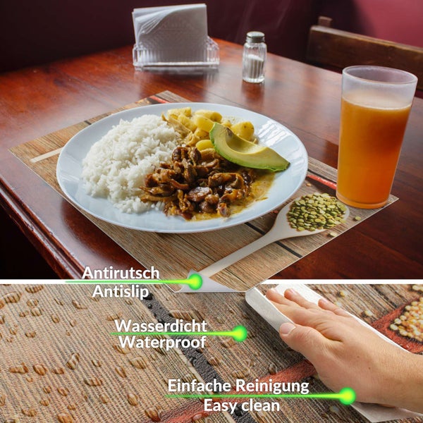 Rutschfestes und wasserdichtes Platzset in Holzoptik mit Motiv, eine Hand wischt Wasser von der pflegeleichten Oberfläche ab.