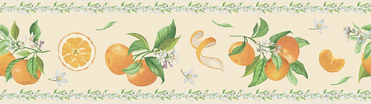 Tapetenborte mit Orangen, Blüten und Blättern im mediterranen Stil.