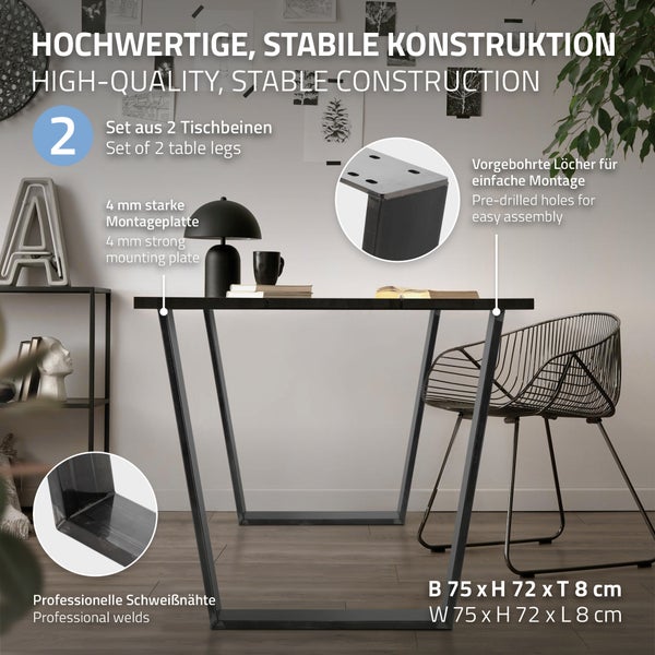 ML-Design 2er Set Tischbeine Trapez 75x72 cm, V-Form, Industrial, Profil 8x2 cm, Stahl pulverbeschichtet, geneigt, Industriedesign, Metall Tischgestell Esstisch Tischkufen Tischuntergestell Möbelfüße