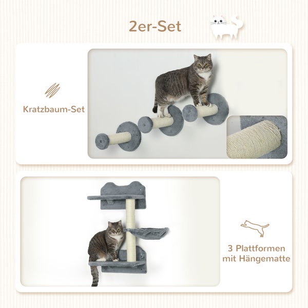 PawHut Katzen Kletterwand, 4-teilig, Katzenkletterwand, inkl. 1 x Sprungturm, 3 x Kratzbäume, Kletterwand Set, Kratzbaum mit Hängematte, Wandliege Katzen, Katzentreppe, Sisal, Grau+Beige