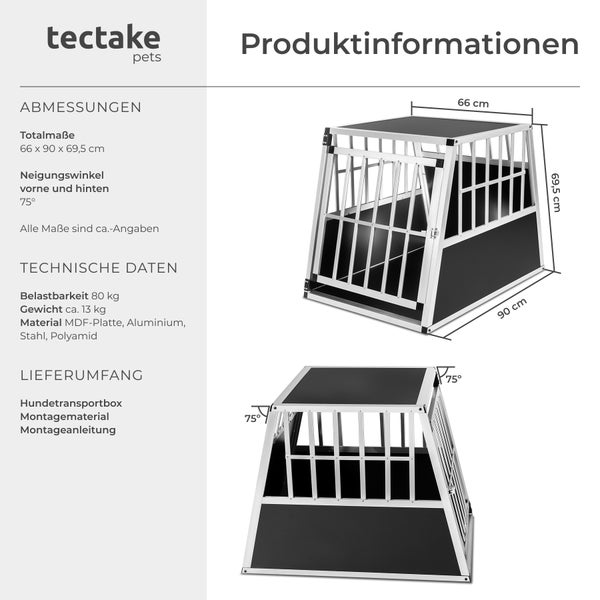 Produktinformationen zu einer Hundetransportbox von Tectake Pets mit Maßen und technischen Daten.