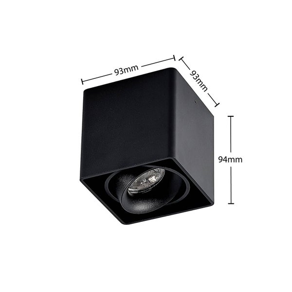 Abmessungen einer schwarzen Deckenleuchte: 93 mm x 93 mm x 94 mm.