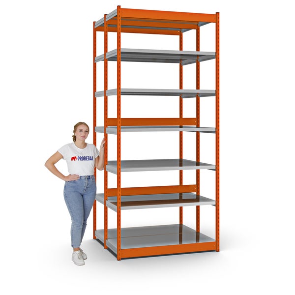 PROREGAL Fachbodenregal Stecksystem Vierkant-Profil Grundregal HxBxT 300 x 132,5 x 50 cm 2x7 Ebenen Doppelseitige Bauart Fachlast 200 kg Orange