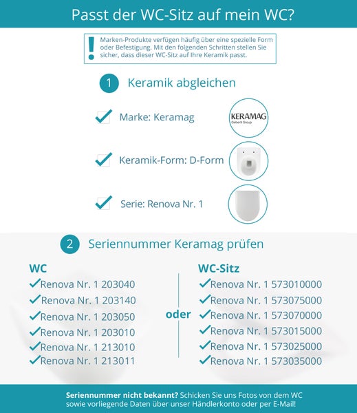Calmwaters® WC Sitz für Keramag Renova Nr. 1, antibakterieller Toilettensitz mit Absenkautomatik, Duroplast Toilettendeckel, überlappende D-Form, Edelstahlscharnier, Klodeckel, Weiß, 26ZZ3550