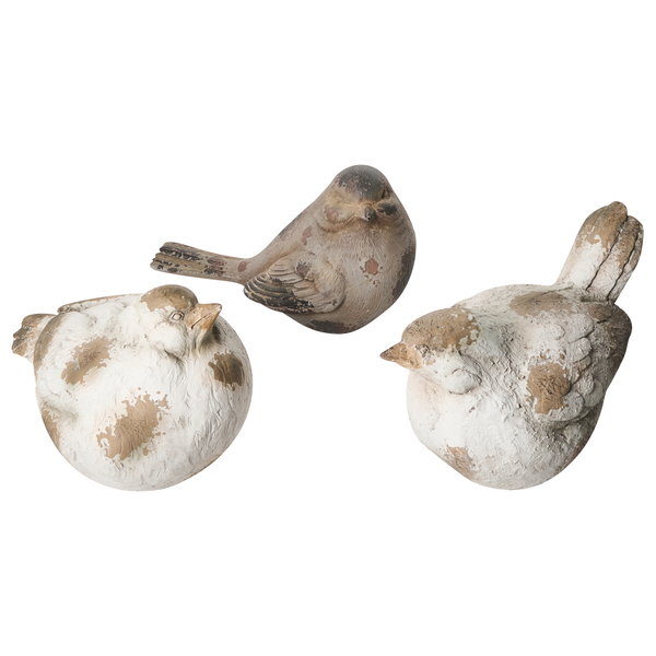 Drei Deko-Vögel im rustikalen Vintage-Stil für Garten und Wohnbereich.