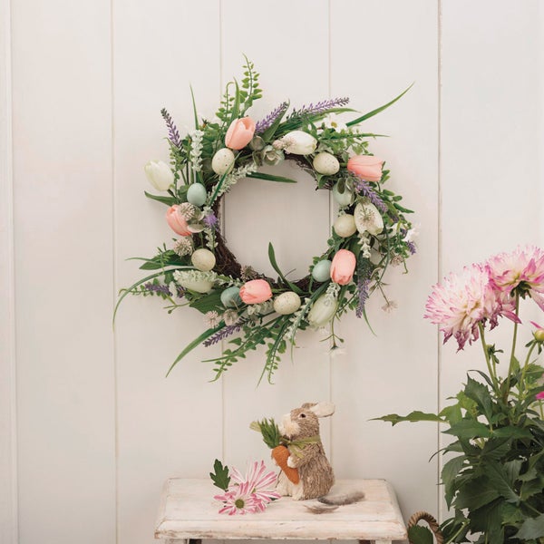 FRANK FLECHTWAREN|Osterkranz Tulpenliebe, Ø 45 cm, KUNSTSTOFF, TEXTIL, STYROPOR, RATTAN