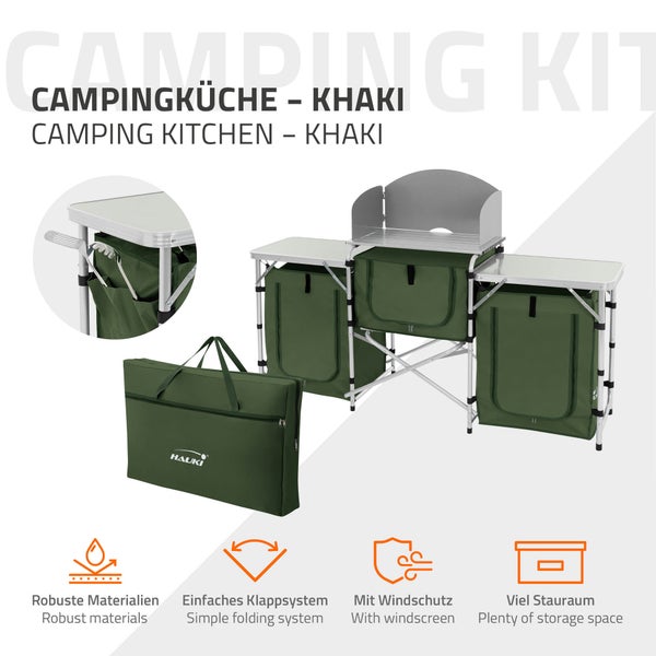 Hauki Camping Küche, Khaki, Campingschrank faltbar mit Tragetasche, Reiseküche mit Windschutz, Küchenschrank mit Arbeitsplatte, Staufächern, Alu Outdoorküche, Küchenbox klappbar, Zeltschrank tragbar