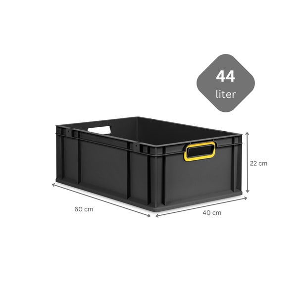 PROREGAL SuperSparSet 4x Eurobox NextGen Color, HxBxT 22x40x60cm, 44 Liter, Griffe gelb offen, Verstärkter Boden, Schwarz, Eurobehälter, Transportbox, Transportbehälter, Stapelbehälter