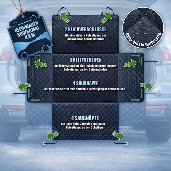 Kofferraumschutzdecke für Hunde mit Klickverschlüssen, Klettstreifen und Saugnäpfen für sicheren Halt im Kleinwagen, SUV oder Kombi.