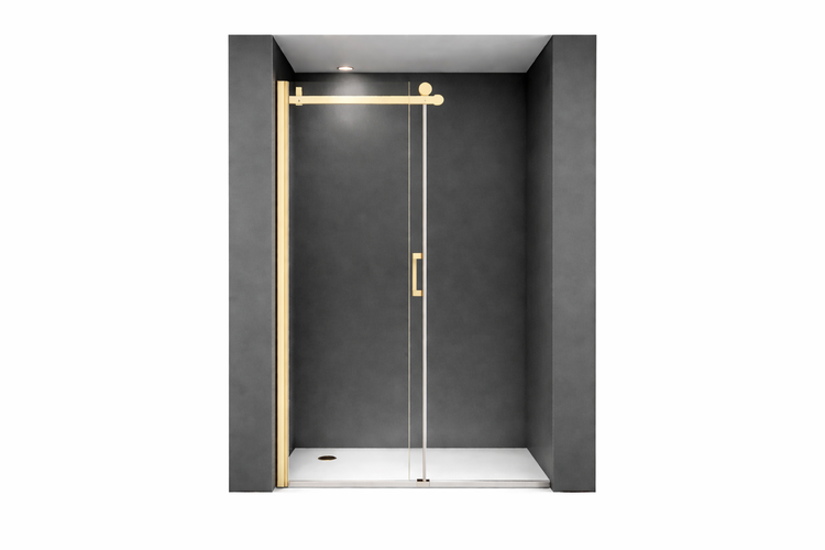 Nischen-Duschabtrennung mit Glasscheibe, goldfarbenem Rahmen und Schiebetürsystem in einer modern gestalteten Duschkabine.