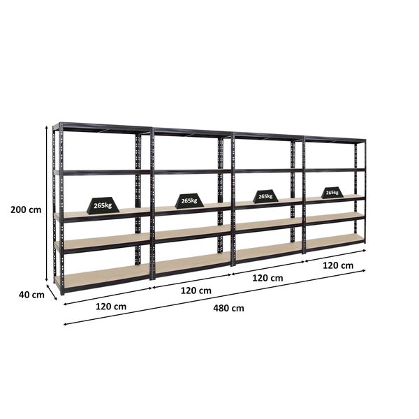 PROREGAL Mega Deal 4x Schwerlastregal Giant Tiger HxBxT 200 x 120 x 40 cm Fachlast 265 kg 5-Ebenen Schwarz
