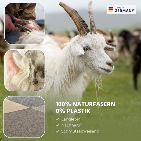 Langlebige, nachhaltige, schmutzabweisende Teppiche aus 100 Prozent Naturfasern ohne Plastik. Mit Ziege, Scheren und Wolle. Made in Germany Siegel.