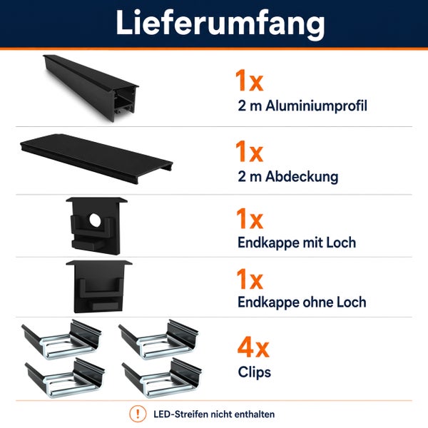 Lieferumfang für LED Aluminiumprofil Set mit zwei Meter Profil und Abdeckung sowie Endkappen und Befestigungsclips, ohne Leuchtmittel.