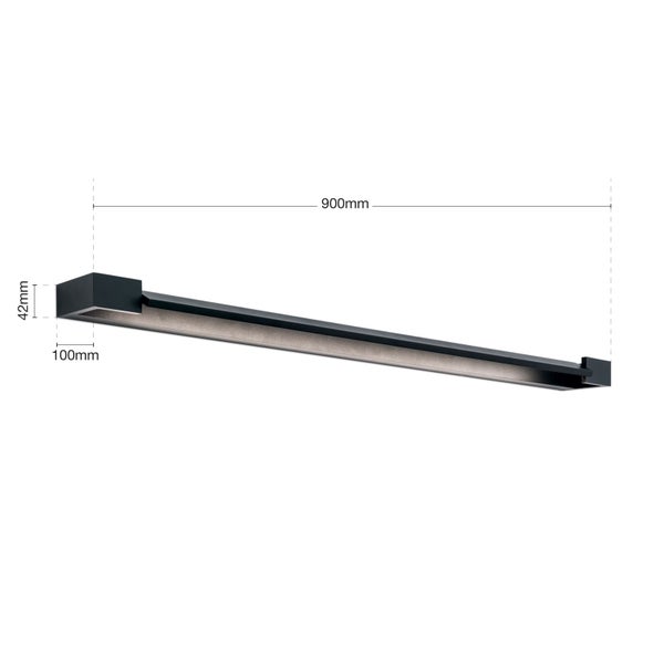 Moderne LED Wandleuchte in schmaler, rechteckiger Form mit Bemaßung, 900 Millimeter lang, 100 Millimeter tief und 42 Millimeter hoch.