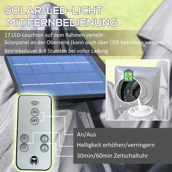 Outsunny Pavillon  3,3 x 3,3 m Faltpavillon mit LED, USB-Ladeanschluss Pop-Up-Pavillon mit Mesh-Seitenwände Gartenpavillon mit Sonnenschutz inkl. Tasche Oxford Grau