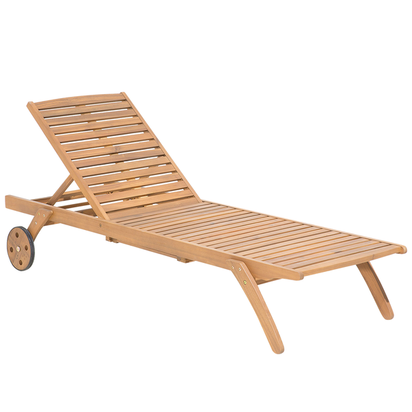 Sonnenliege aus Holz mit Lattenrost, verstellbarer Rückenlehne und Rollen.