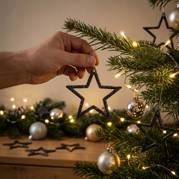 Hand hängt sternförmigen Weihnachtsbaumschmuck in einen Tannenbaum mit Lichterkette und Weihnachtskugeln