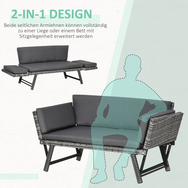 Outsunny Polyrattan Gartensofa, 2 Sitzer Loungesofa, klappbar Armlehnen, 129 x 63 x 67 cm, Stahl, Grau