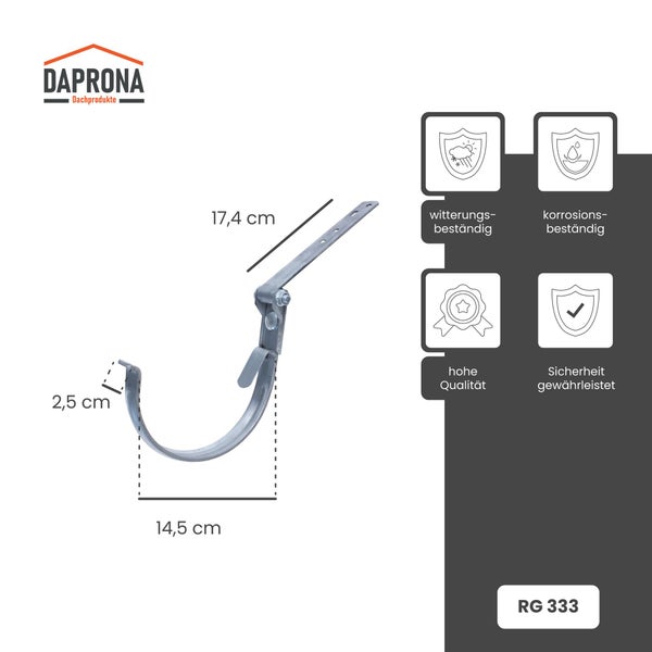Daprona Logo. Rinneneisen Größe 333, verzinkter Stahl, 17,4, 14,5 und 2,5 Zentimeter. Witterungs- und korrosionsbeständig, hohe Qualität und Sicherheit.