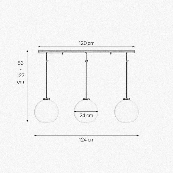 Skizze einer Hängeleuchte mit drei Leuchtkörpern und Größenangaben