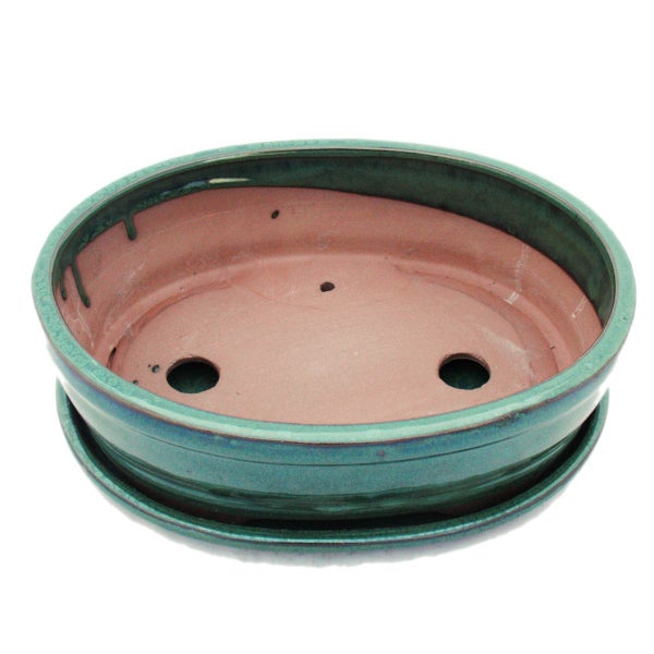 Bonsai-Schale mit Unterteller Gr. 4 - Grün - oval - Modell O7 - L 26cm - B 21cm - H 7,5cm