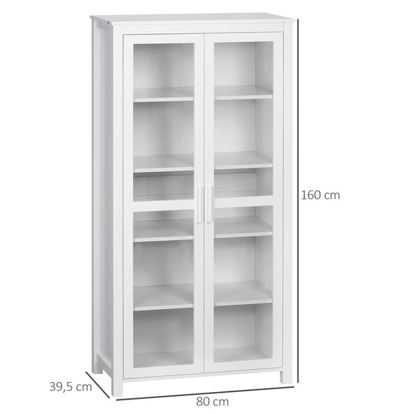 HOMCOM Küchenschrank Hochschrank Küchenbuffet mit 2 Glastüren Esszimmerschrank Vitrinenschrank mit 2 verstellbaren Innenböden Kippschutz Spanplatte Weiß 80 x 39,5 x 160 cm