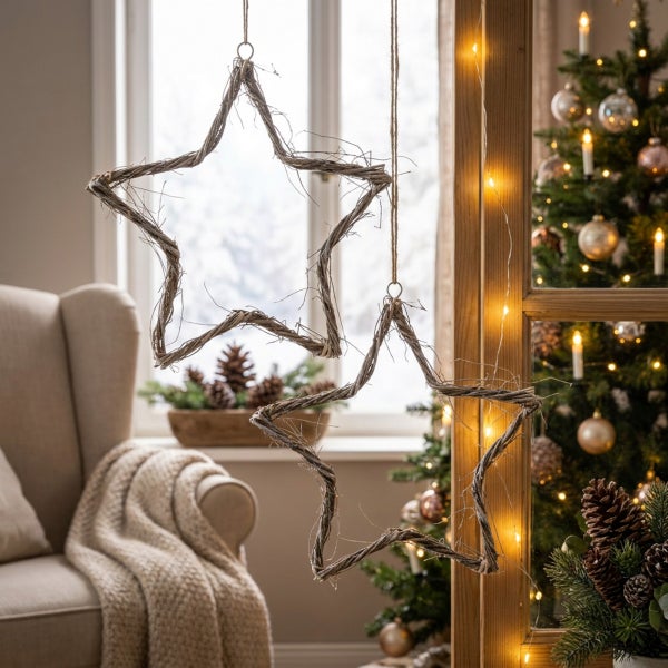 Zwei hängende Weihnachtssterne aus Naturmaterialien als festliche Dekoration in einem gemütlich eingerichteten Raum vor einem geschmückten Tannenbaum