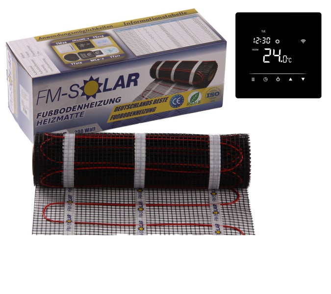 Elektrische Fussbodenheizung Heizmatte von FM-Solar mit Thermostat, verpackt im Karton mit technischen Informationen und Konformitätszeichen.