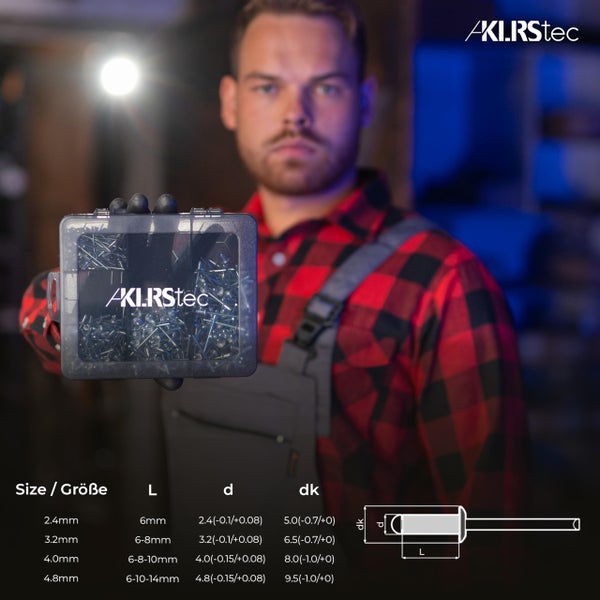 KLRStec Professional Blindnieten Set [500tlg.] Aluminium/Stahl Popnieten Set für Nietenzangen 125 Stk. jeder Größe (2,4mm, 3,2mm, 4,0mm und 4,8mm)