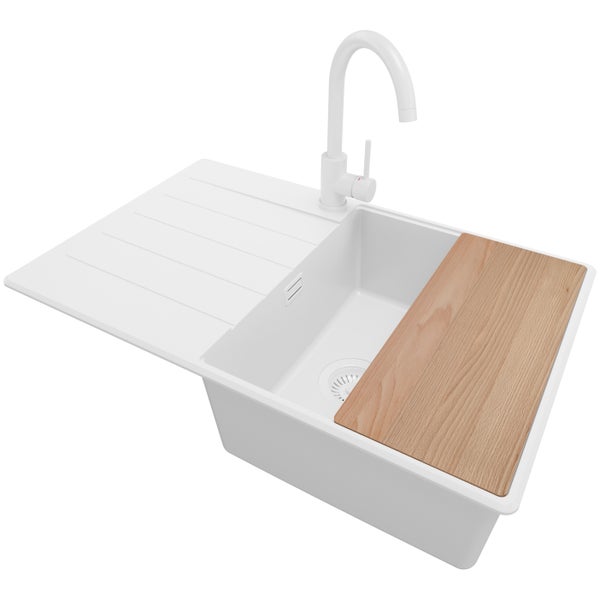 PRIMAGRAN Granitspüle Alles Weiß 78x50cm, Spülbecken 1 Becken + Küchenarmatur 32x20cm + Ablauf-Set + Schneidebrett, Küchenspüle ab 50er Unterschrank - Kopenhagen