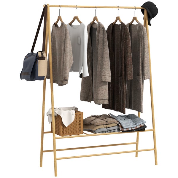 HOMCOM Kleiderständer Garderobenständer mit Ablagen, Haken, Kleiderstange, Garderobe aus Bambus für Schlafzimmer, Ausstellungen, Waschküche, Waschküche, Naturholz