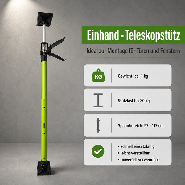 Einhand Teleskopstütze mit 30 Kilogramm Tragkraft und einem Spannbereich von 57 bis 117 Zentimeter zur Montage von Türen und Fenstern.