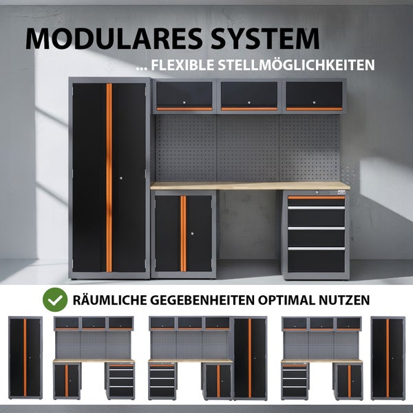 Werkstatteinrichtung mit Werkbank, Hängeschränken, Lochwand und Schrank