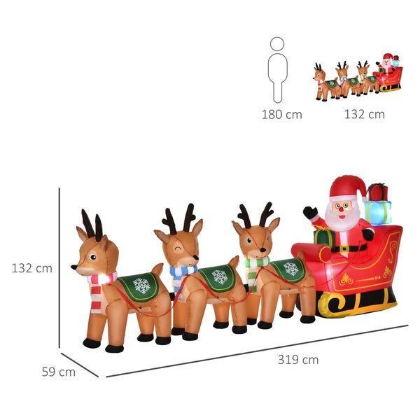HOMCOM Aufblasbarer Weihnachtsmann auf Schlitten, mit 3 Hirschen, wetterfest, 319 x 59 x 132 cm, Polyester, Braun+Rot+Grün